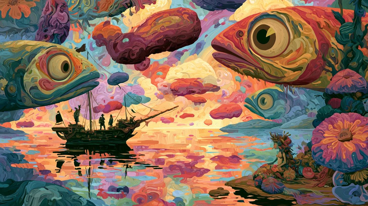 Sereia Surreal à Beira de Água Calma em Cores Oníricas