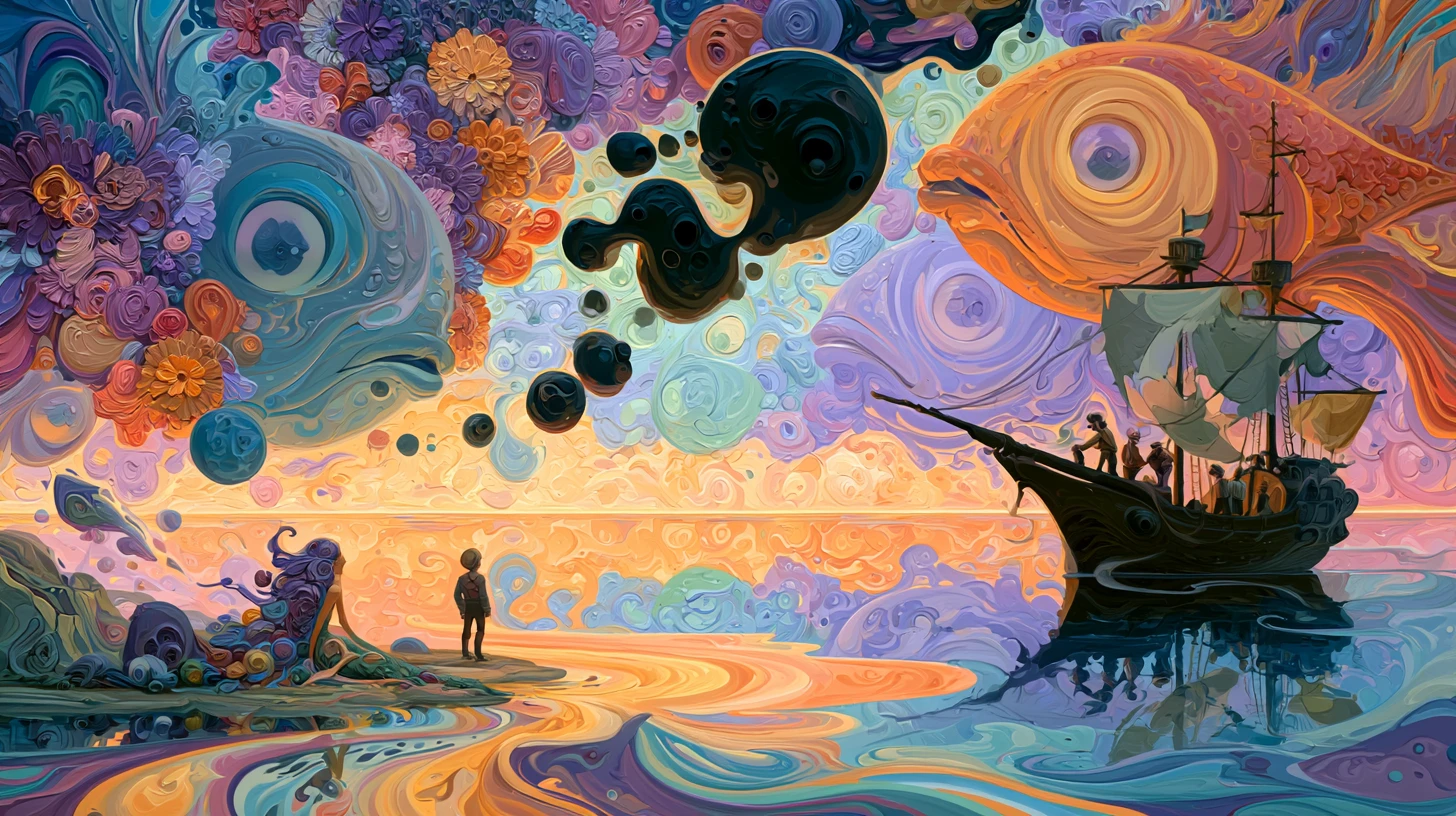 Sereia Surreal na Praia de uma Ilha Enfrentando Navio Pirata Misterioso
