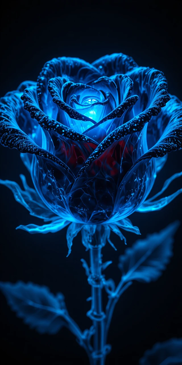 Schwarze Glasrose, leuchtend in surreales himmelblaues Licht