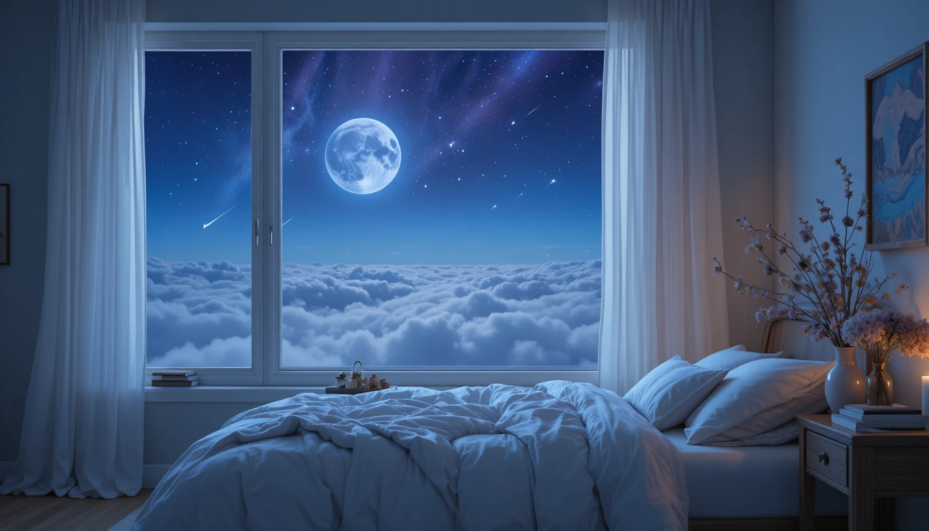 Moonlit Scandinavian bedroom with large window and stars