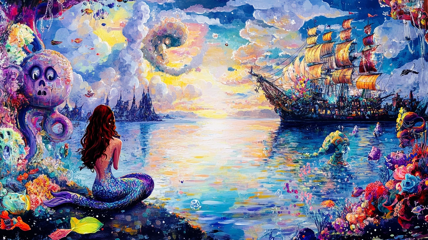 Sereia surreal em vibrante costa de ilha diante de navio pirata