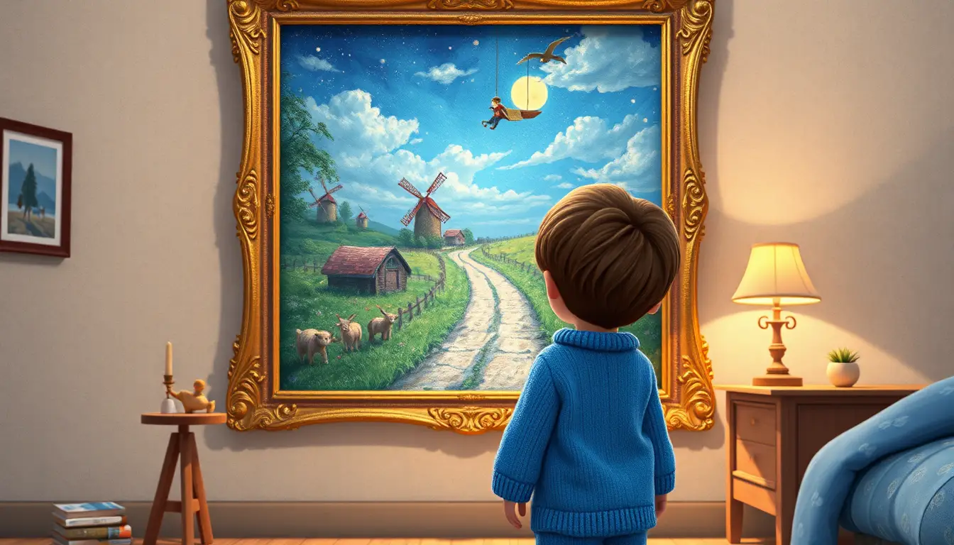 Ragazzo in pigiama blu davanti a un paesaggio magico al chiaro di luna