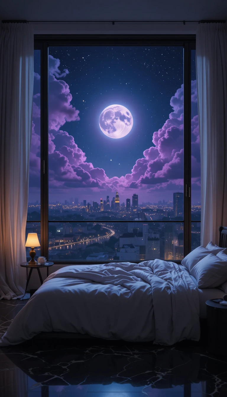 Quarto de cobertura luxuosa voltado para um brilho cósmico no horizonte