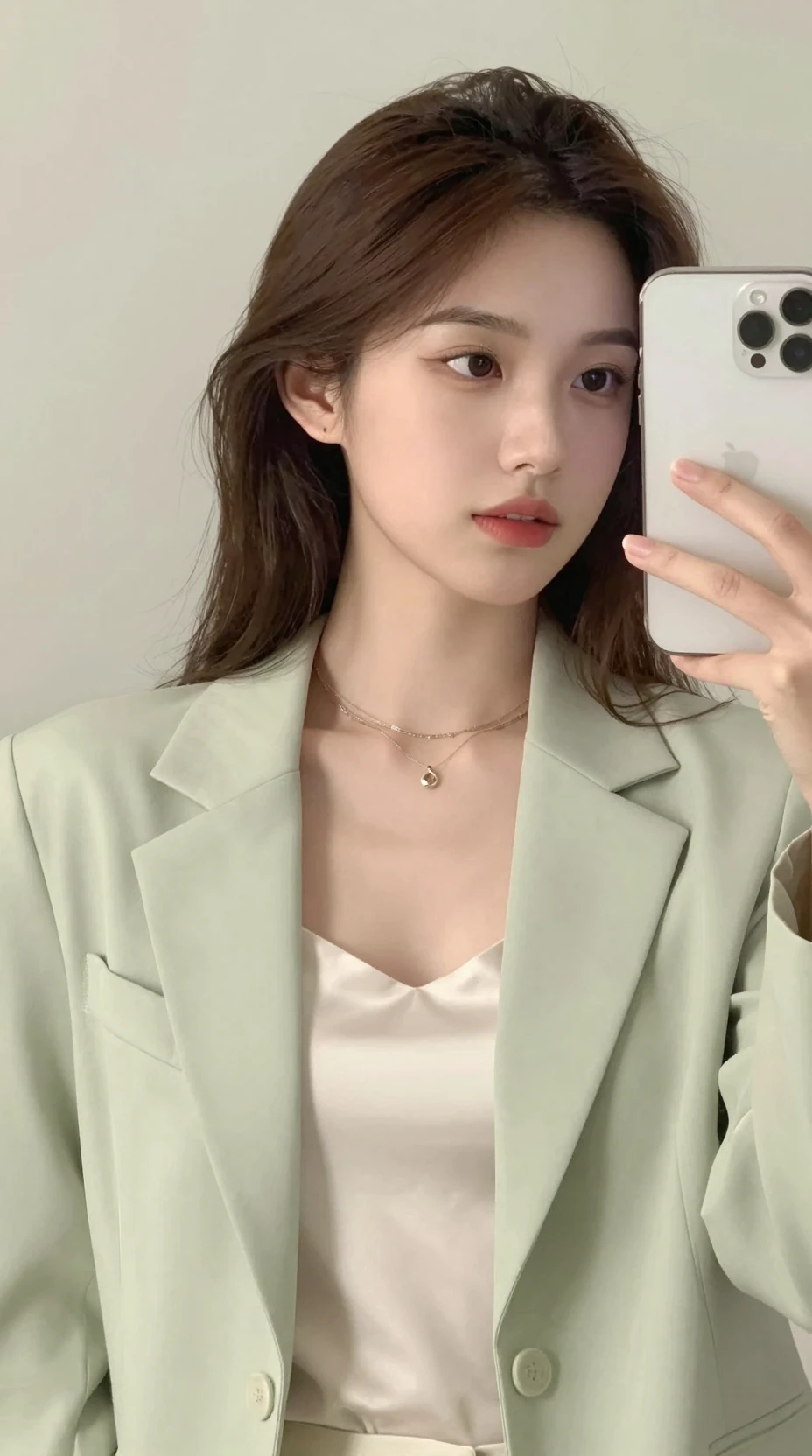 穿著鼠尾草色西裝外套的時髦女孩粉彩編輯風肖像