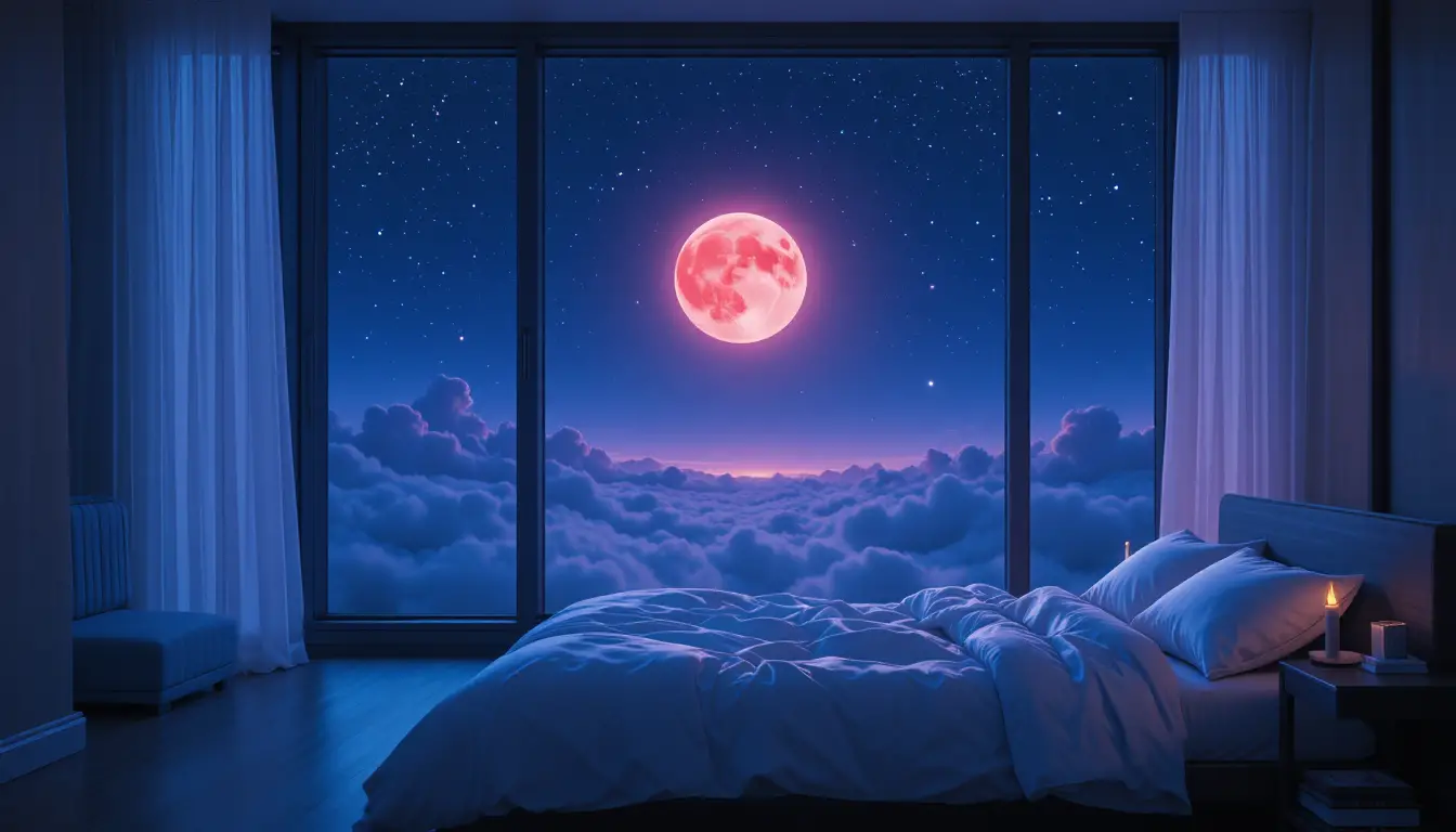 Dormitorio moderno a la luz de la luna con ensoñadora vista al cielo nocturno índigo