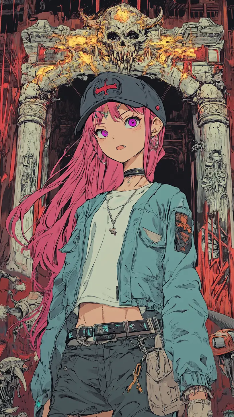 在白骨宮殿大門前休息的戰前動漫少女