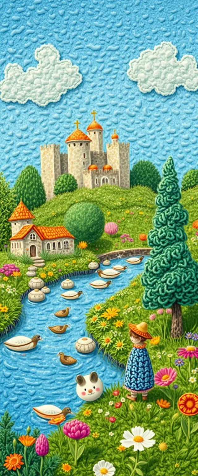 Paesaggio impressionista in miniatura con morbide texture di peluche