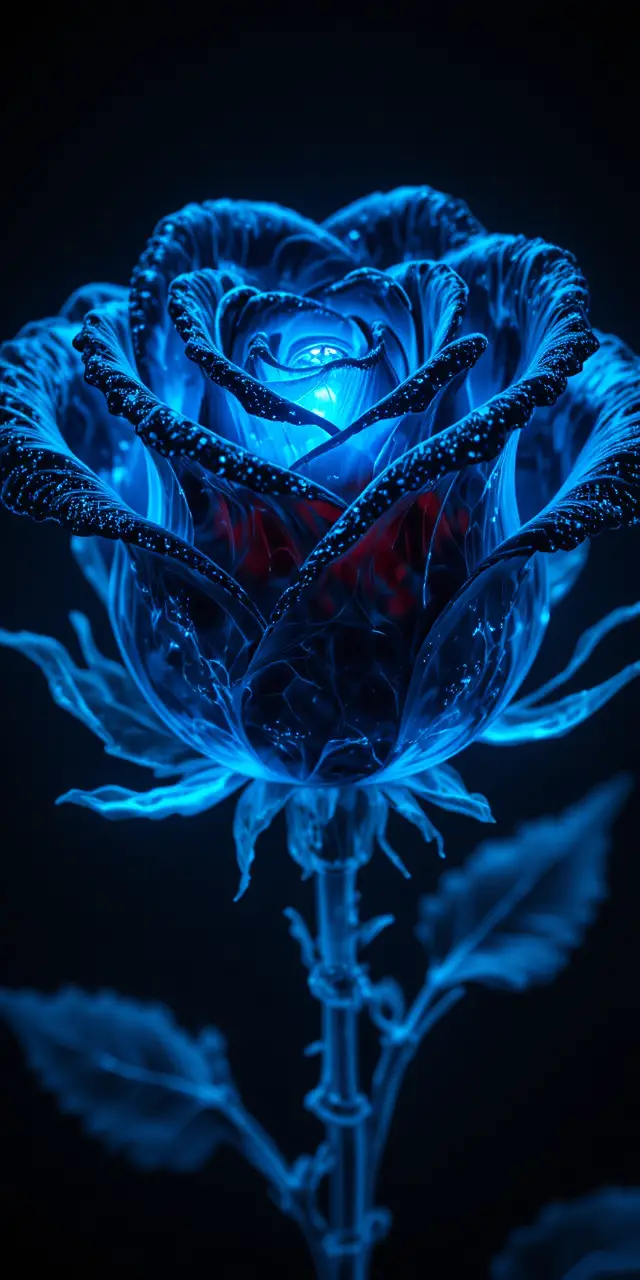 Black glass rose glowing with surreal sky blue light
