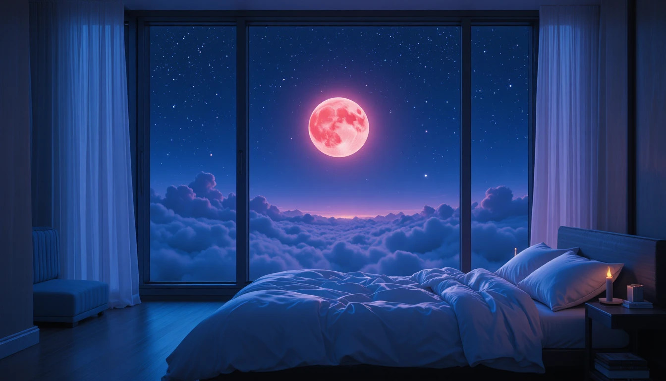Chambre moderne au clair de lune avec vue rêvée sur un ciel nocturne indigo