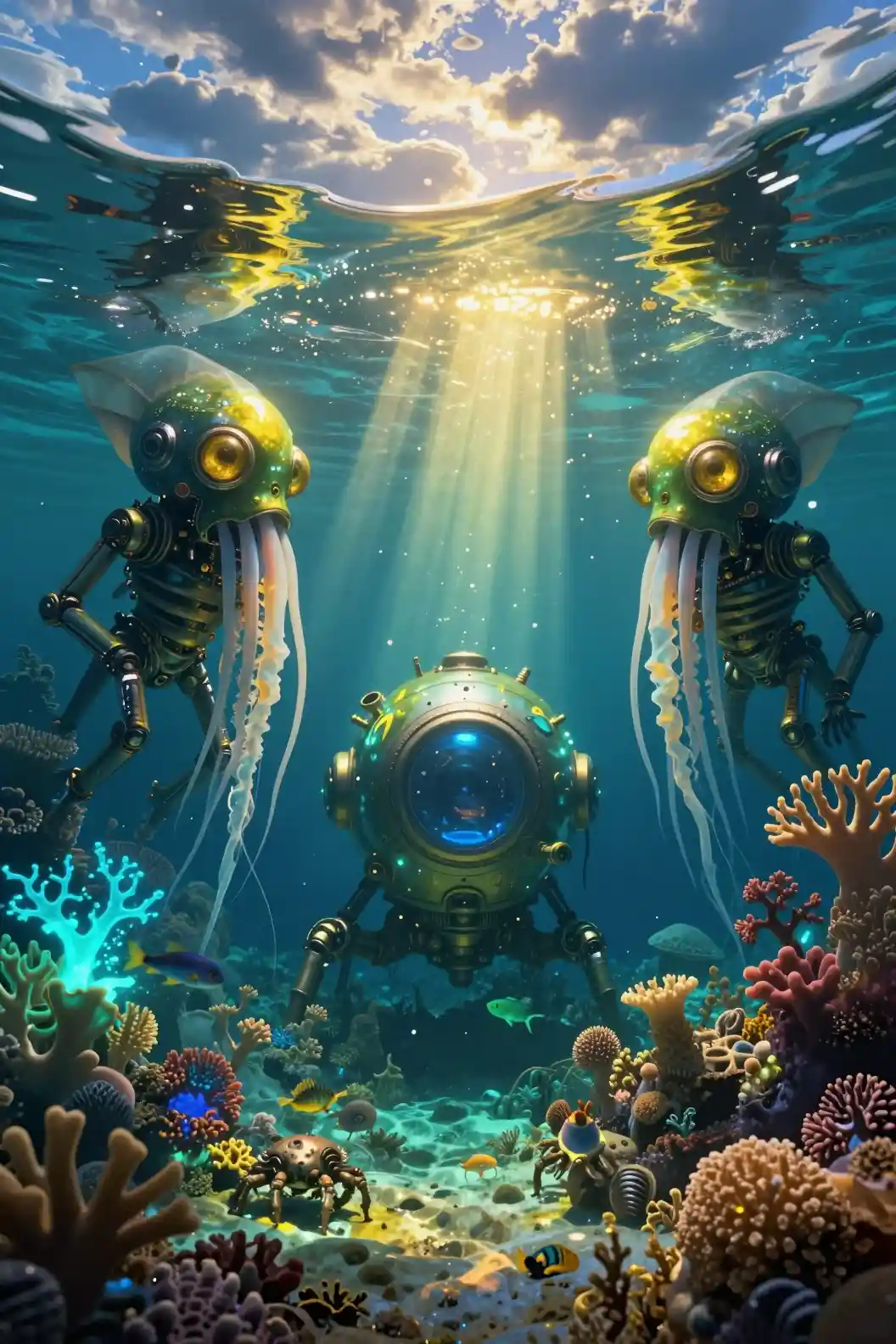 Cena surreal de oceano dividido com robôs biomecânicos abaixo