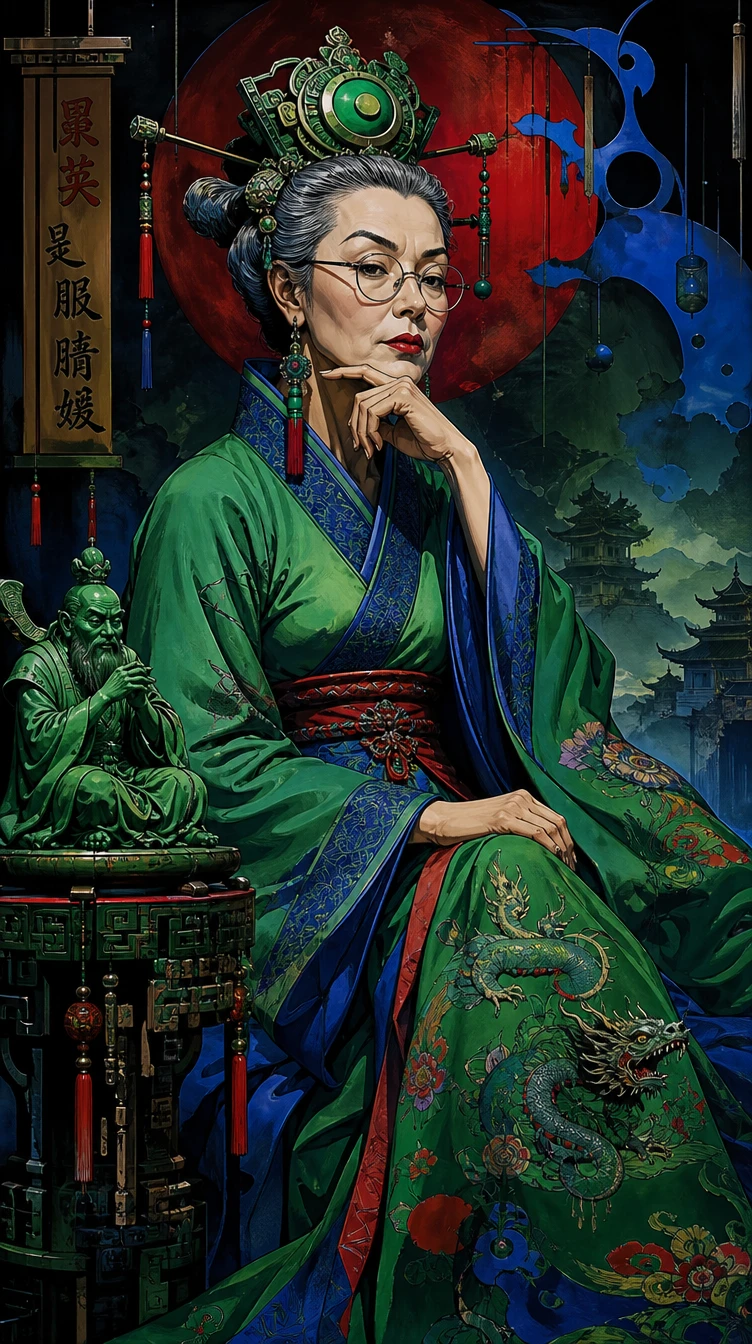 睿智中式風格女子的超現實混合肖像