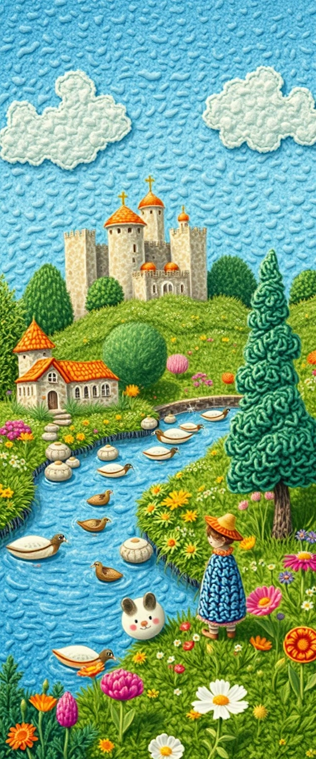 Paesaggio impressionista in miniatura con morbide texture di peluche
