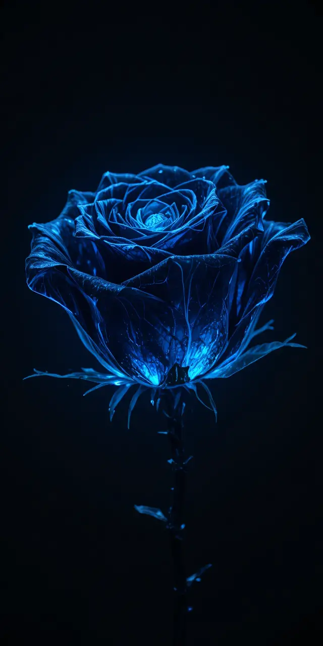 Glowing Black Rose With Sky Blue Glass Petals On Dark Background