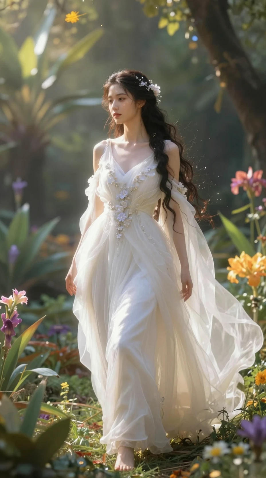 Ethereal woman emerging from a sunlit botanical paradise