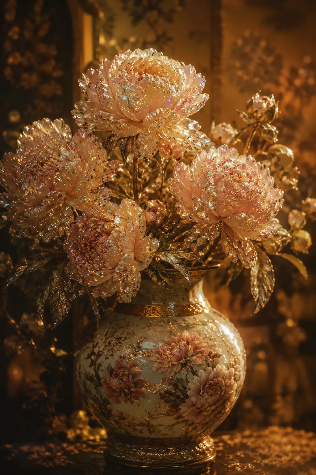 Ornate pastel peony vase with shimmering jeweled blooms