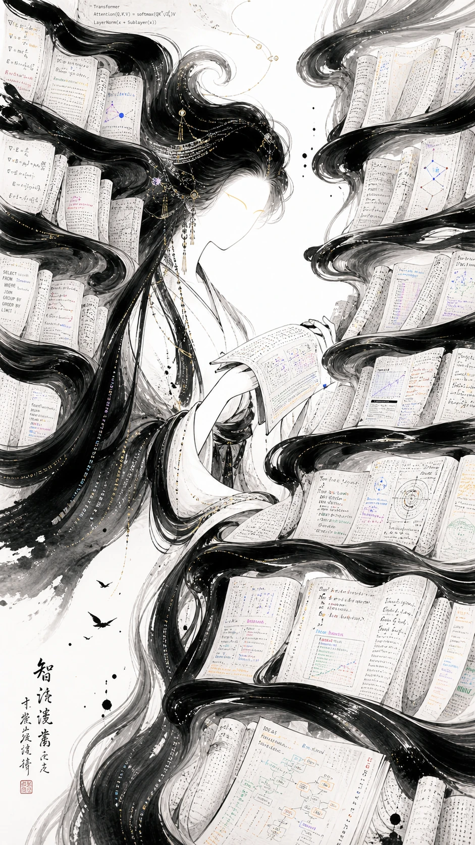 Elegante bibliotecário de tinta formado por traços caligráficos fluidos