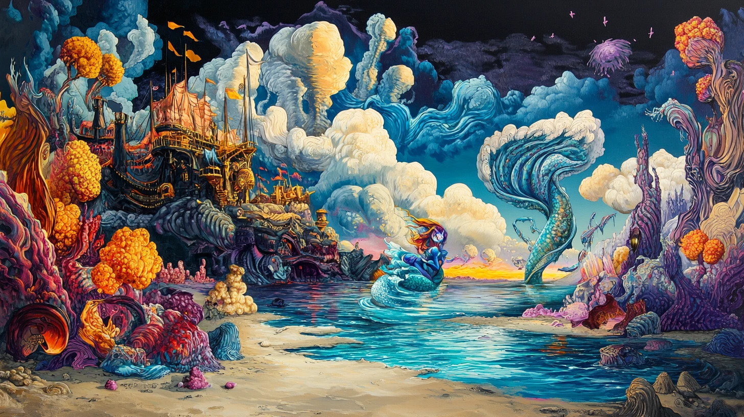 Surreal mermaid on island shore facing distant pirate ship