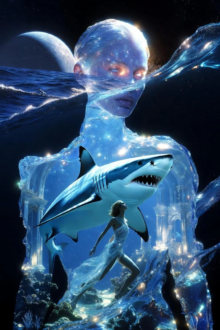 Surreal ocean couture model with shark silhouette world