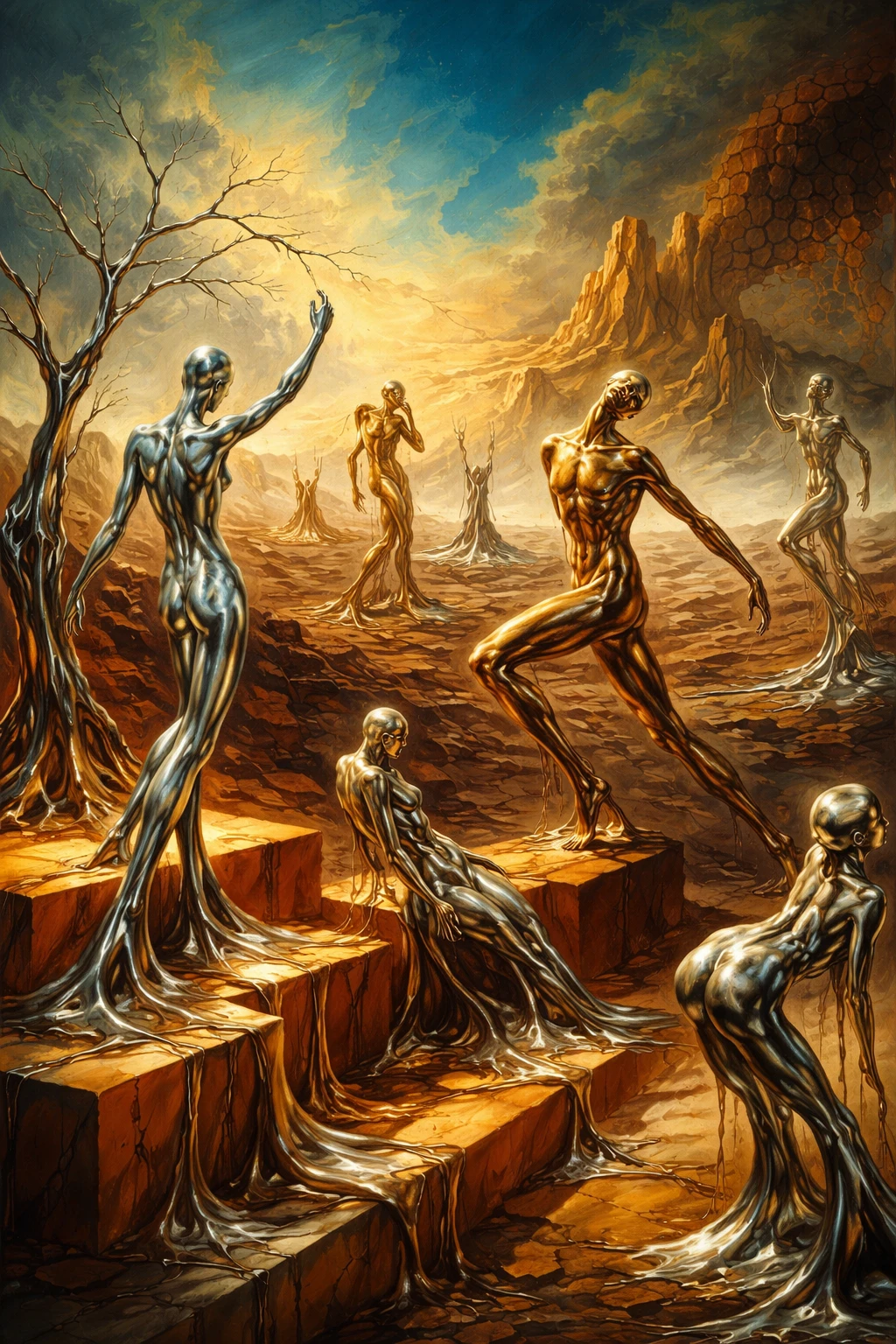 Figures humanoïdes métalliques surréalistes dans un paysage désertique en couches