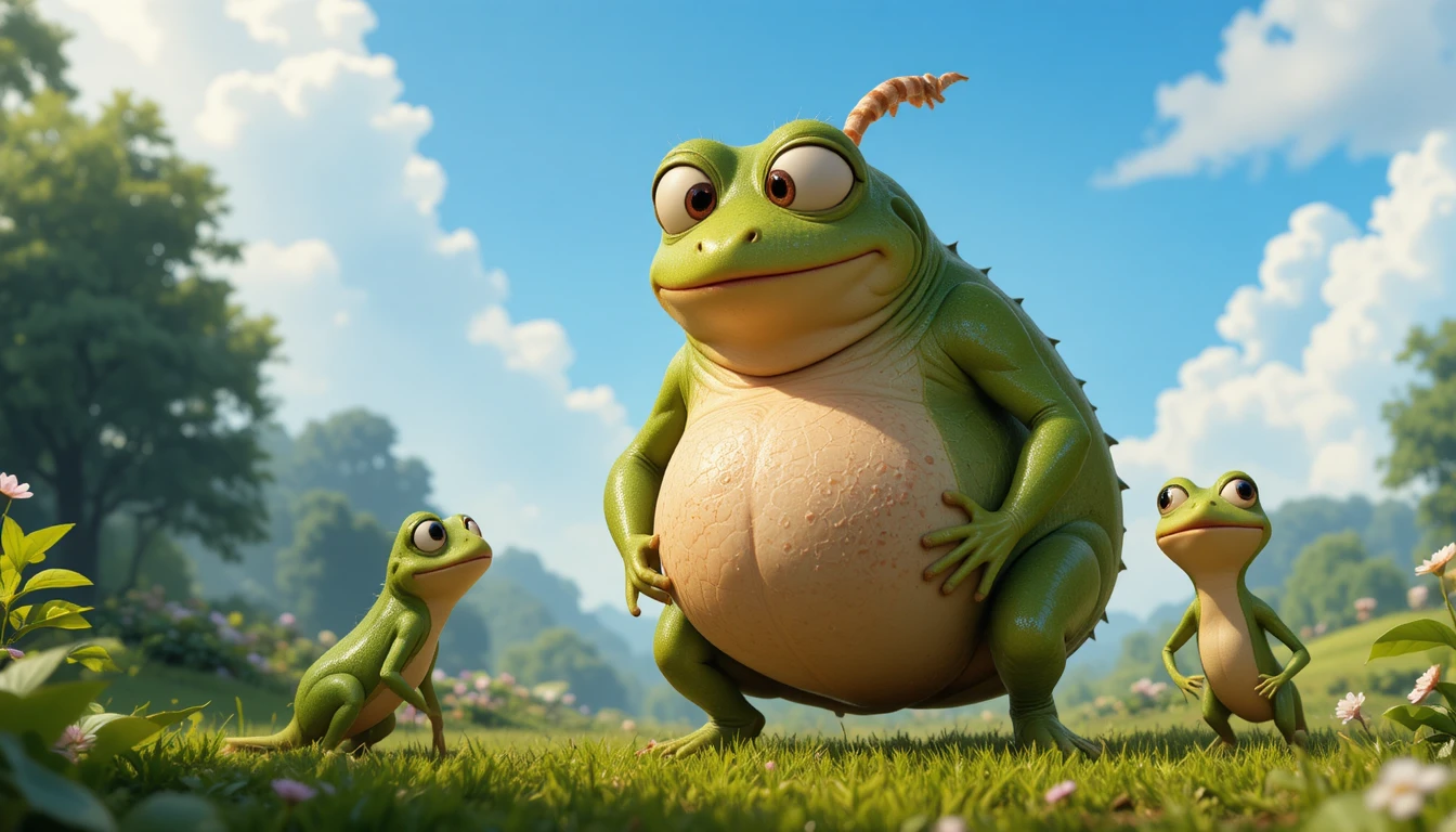 Rãs em estilo Pixar reencenam a fábula do jactancioso em um prado