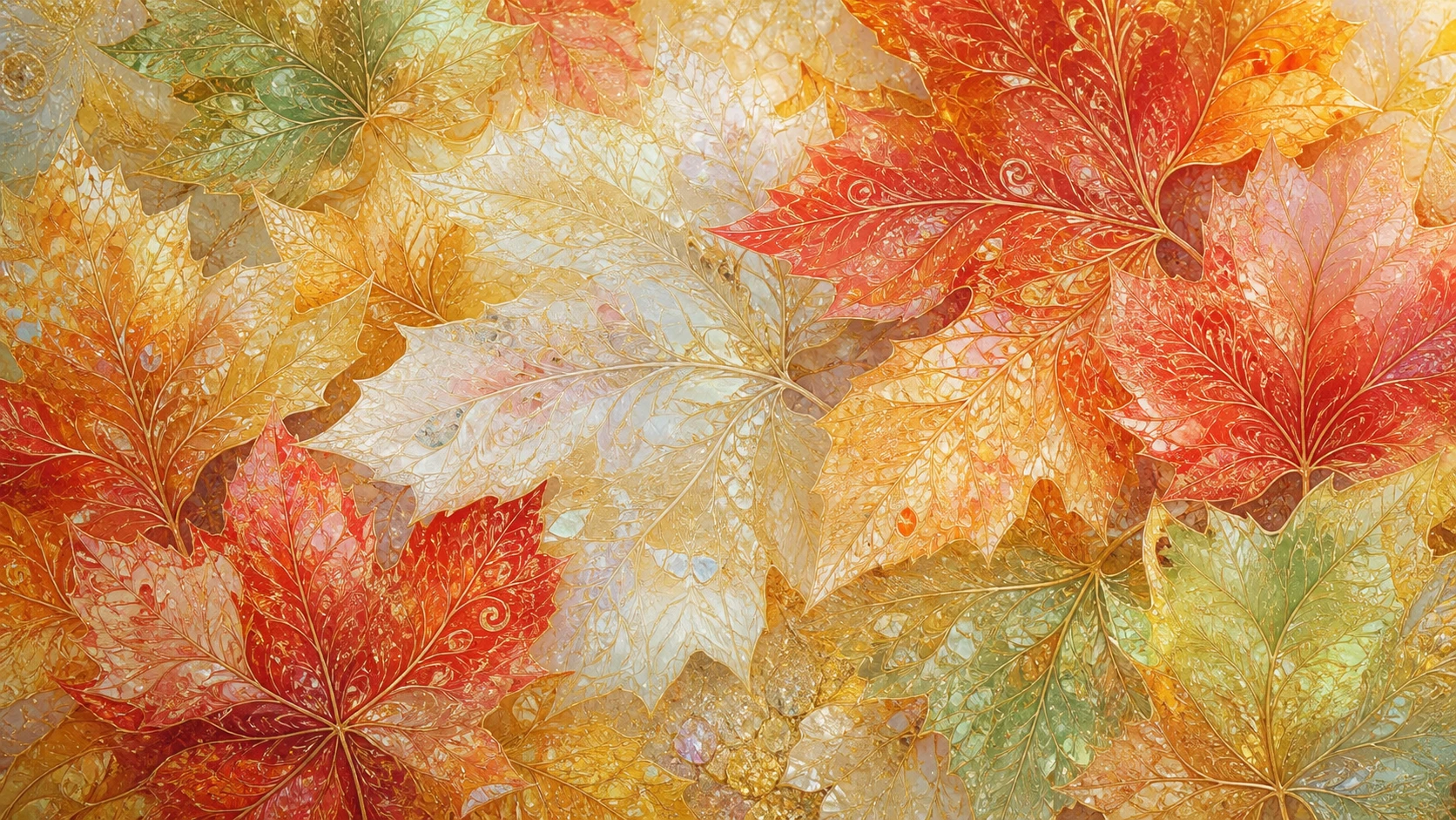 Feuilles d’automne colorées aux délicats motifs dorés et blancs