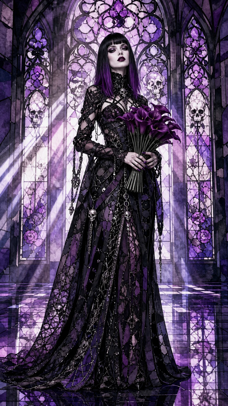 Gothic fashion model in black and purple couture gown