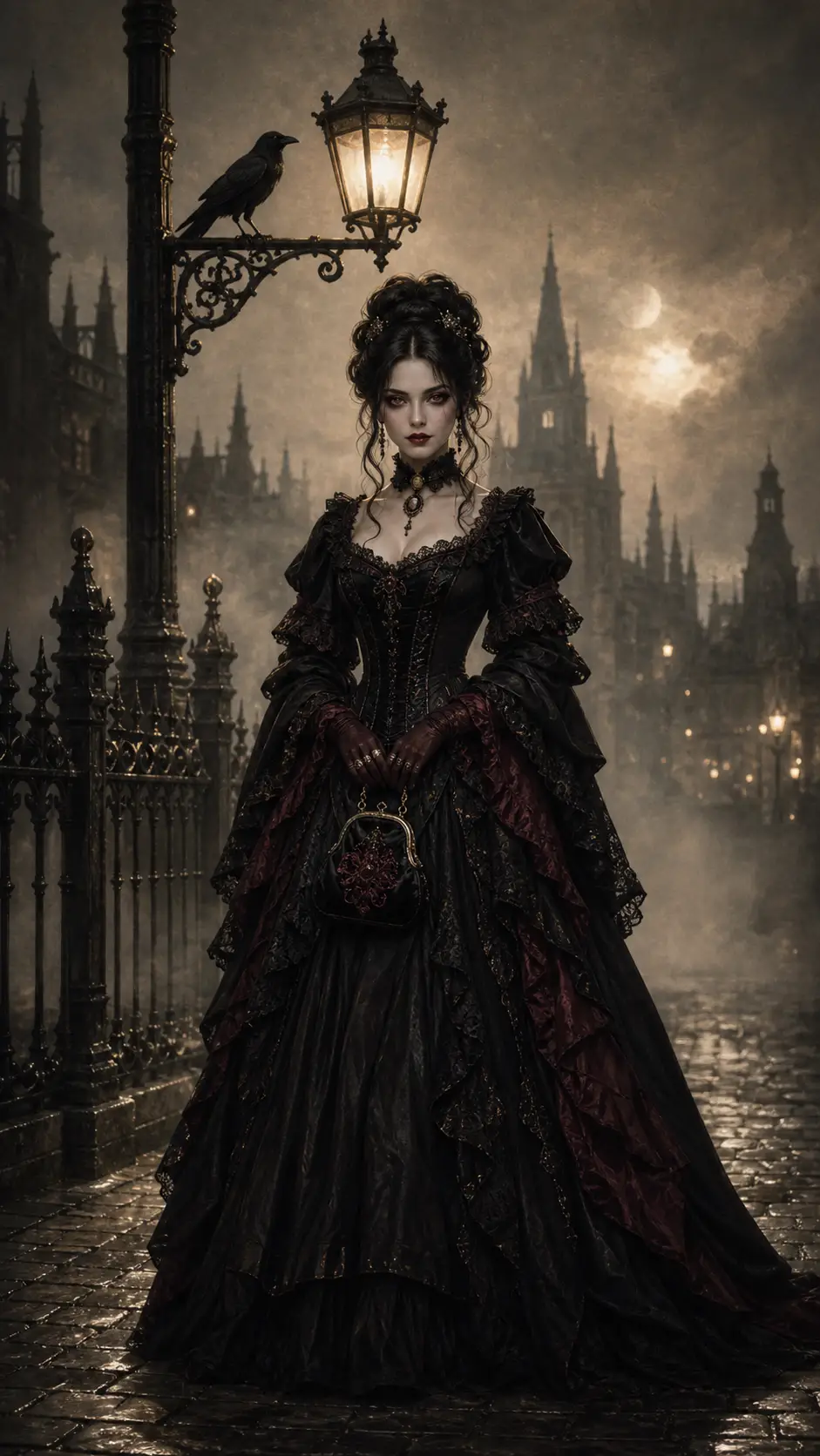 Gothic woman beneath a glowing lantern on misty street