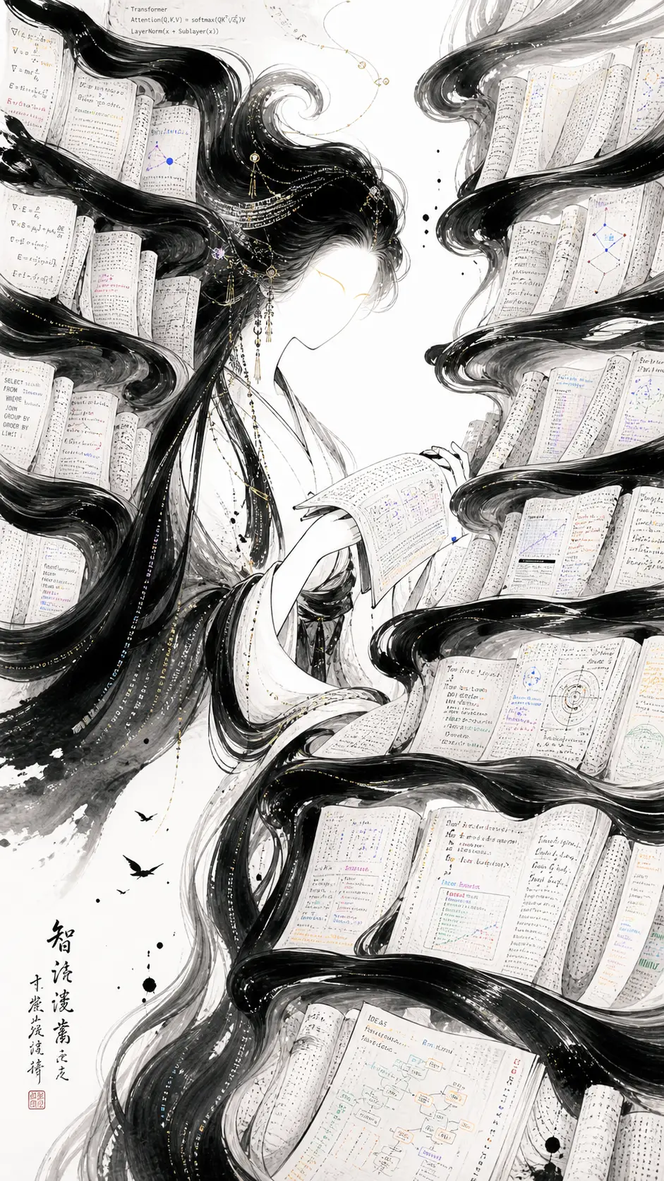 Elegant ink librarian formed from flowing calligraphic strokes