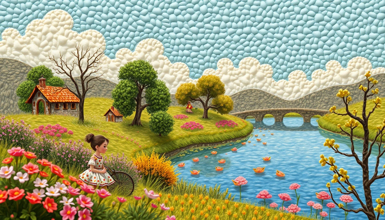 Paisagem impressionista em miniatura com personagens suaves no estilo Pixar