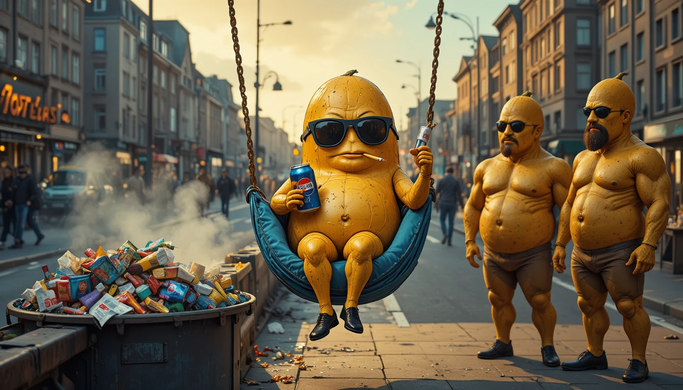 Fried potato character relaxing in a gritty city hammock