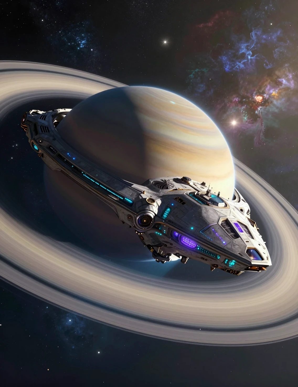 Kolossales außerirdisches Raumschiff im Orbit eines leuchtenden Ringplaneten