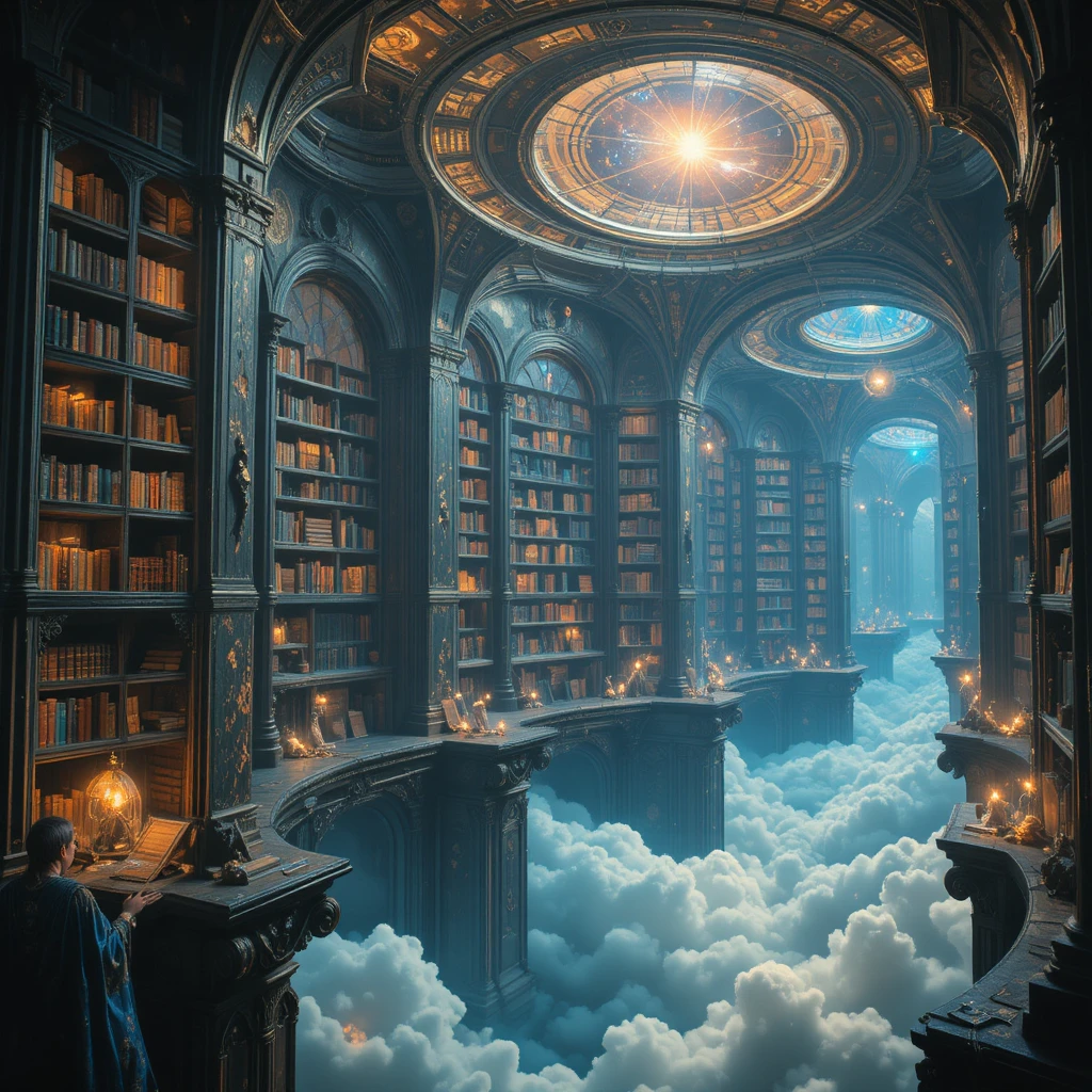 Infinite celestial library above glowing clouds and stars