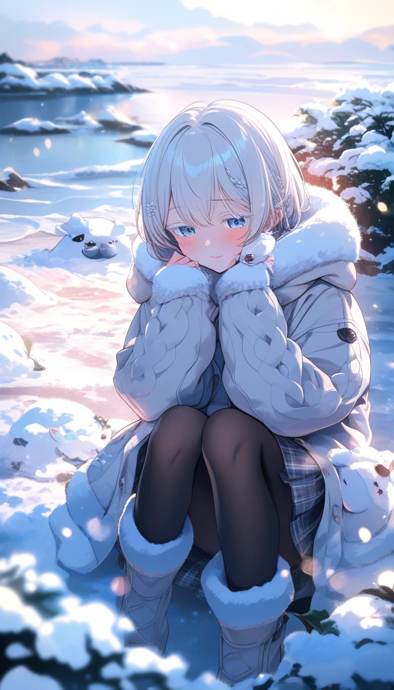 Garota de anime tímida inspirada em foca em uma cidade litorânea nevada