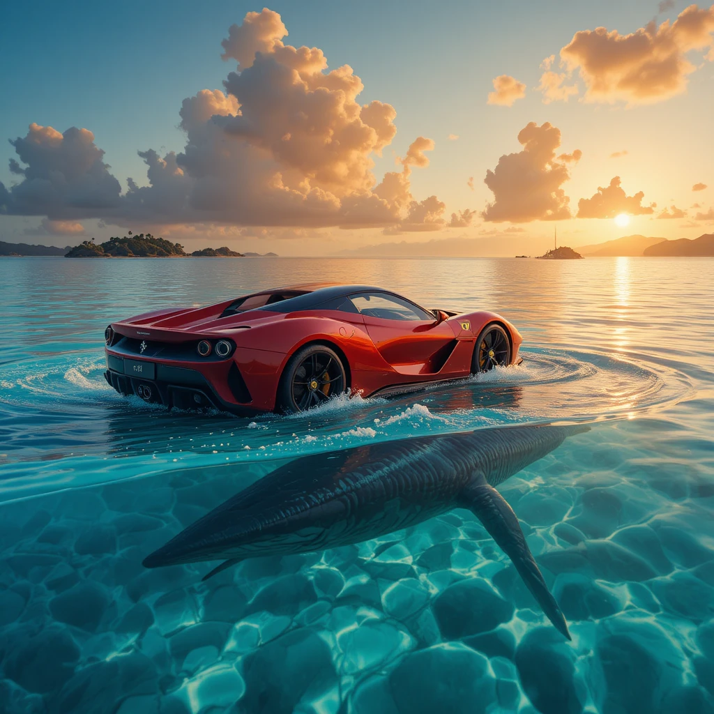 Ferrari supercar gliding over crystal clear ocean at sunset