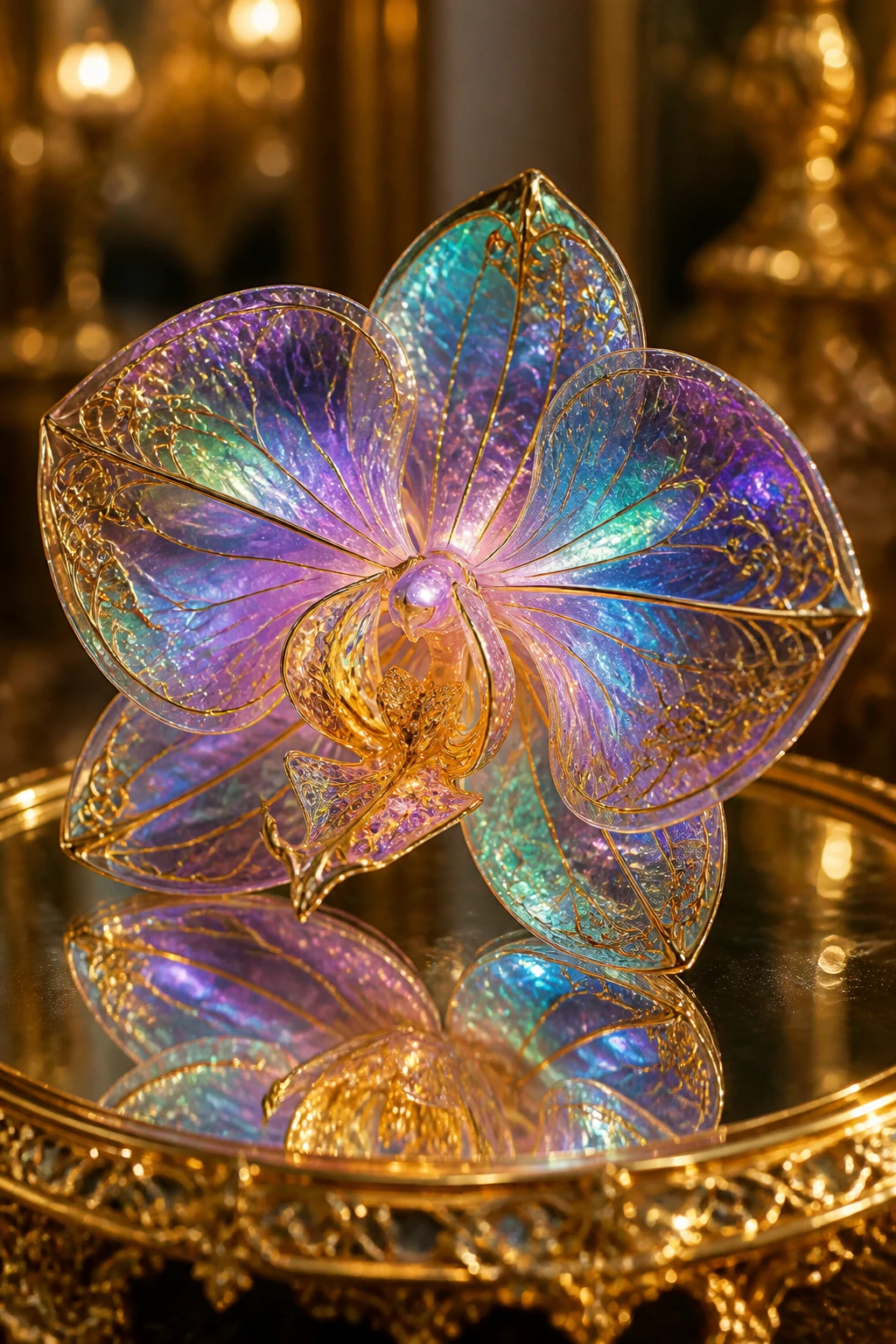 Orchidea di vetro e cristallo luminosa su tavolo riflettente a specchio