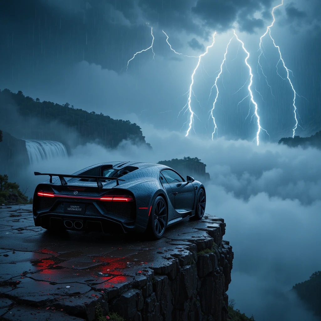 Coche deportivo Bugatti en acantilado de montaña tormentoso con relámpagos