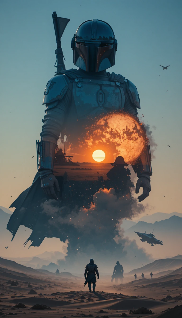 Silhueta de guerreiro em dupla exposição sobre pôr do sol em deserto sci‑fi