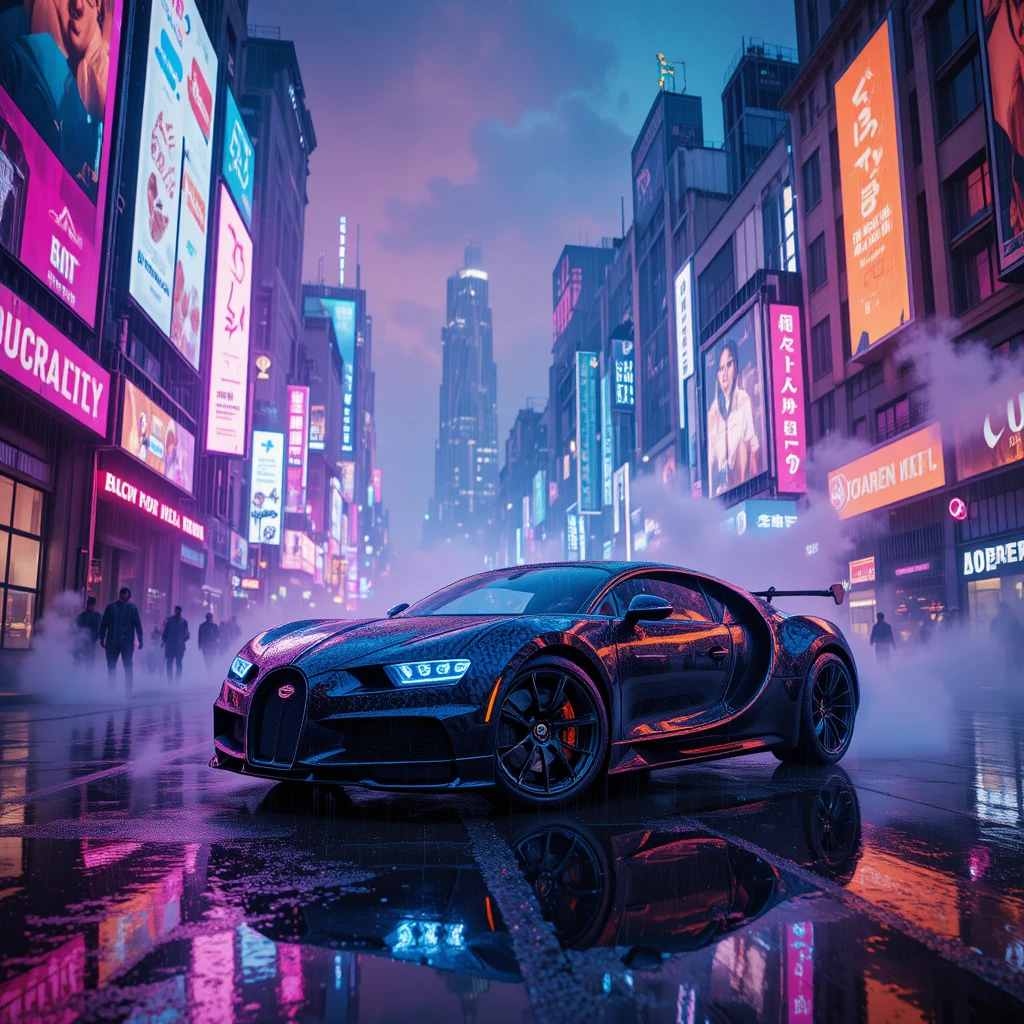 Carro esportivo futurista na chuva de uma cidade cyberpunk iluminada por neon