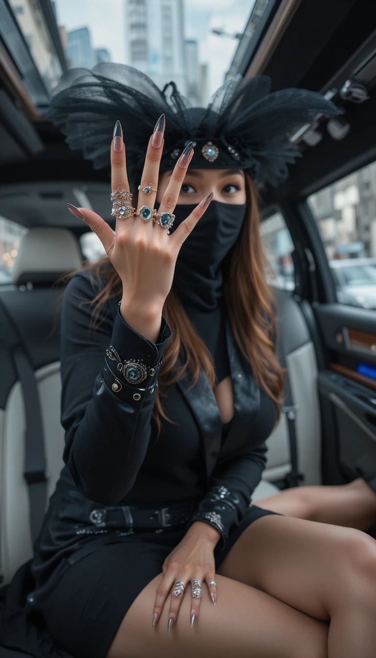 Stylish masked woman in limousine showing ring covered hand