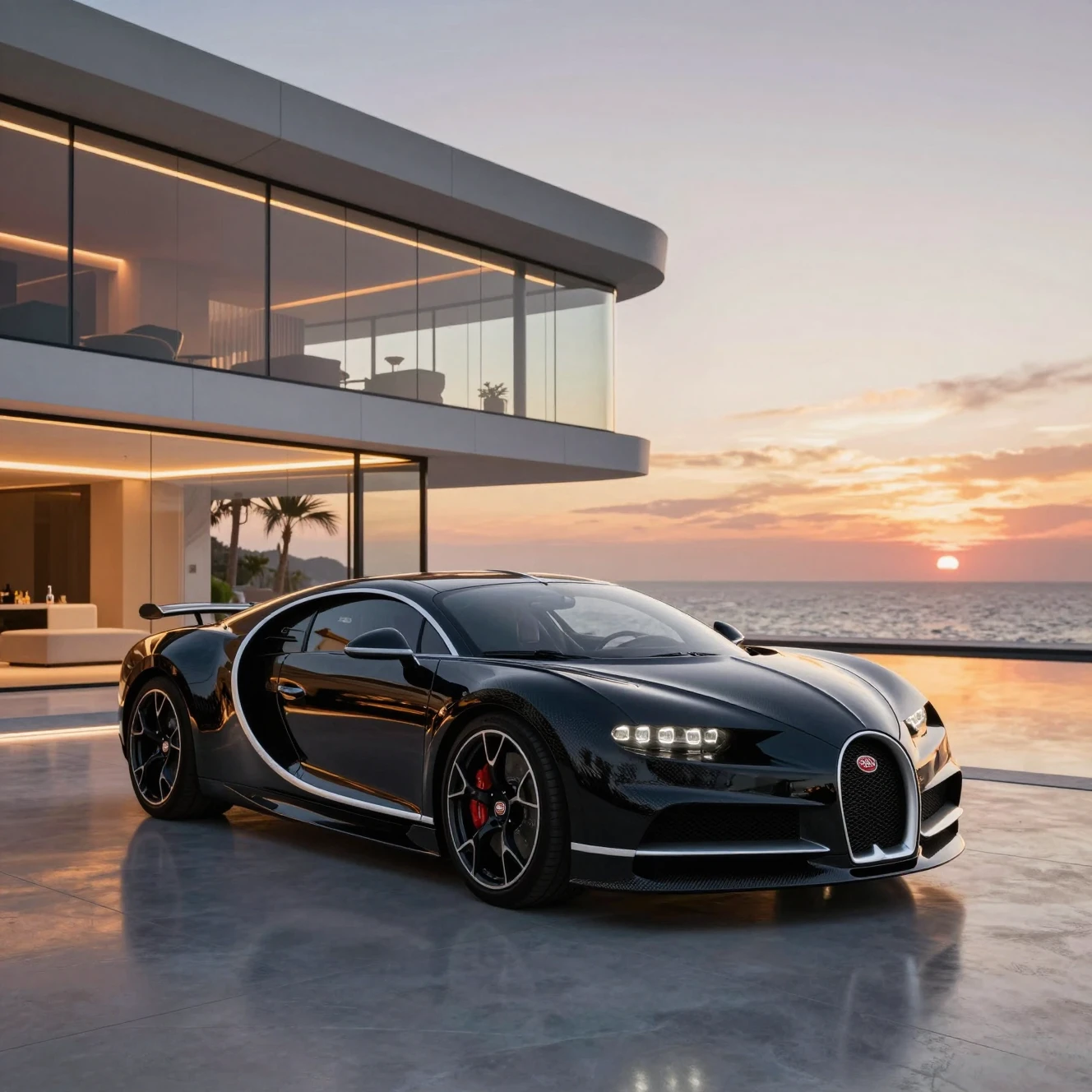 Black supercar parked before glass mansion at sunset