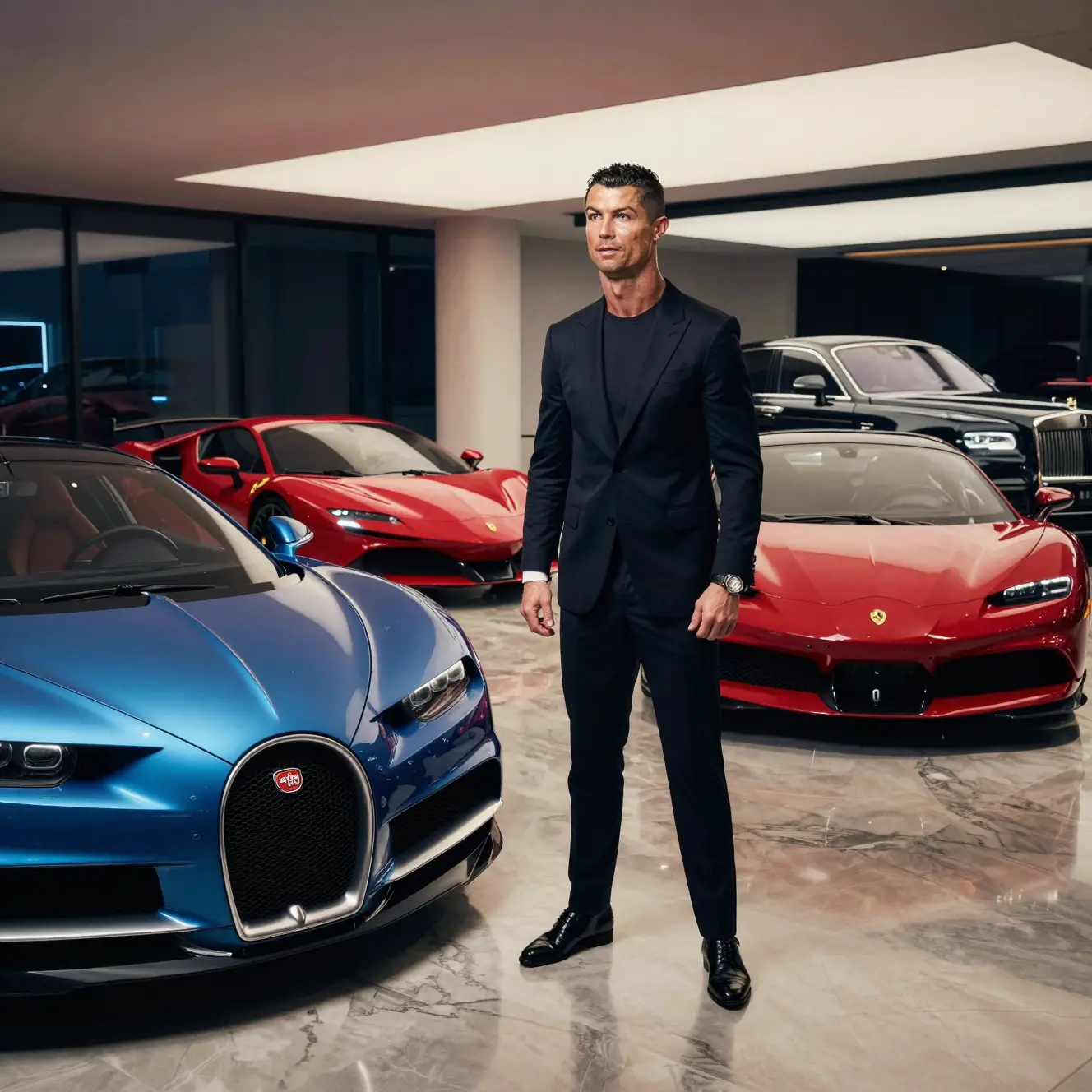 Stylish man in black suit in luxury car showroom
