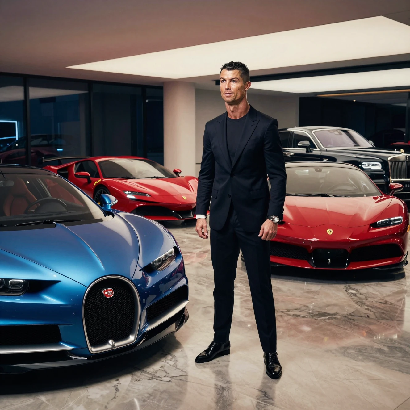 Stylish man in black suit in luxury car showroom