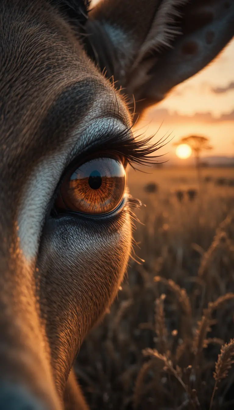 Extreme close up of a gazelle eye in African savanna sunset