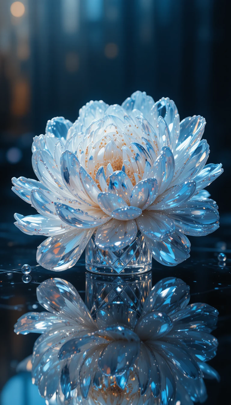 Intricate white crystal peony with iridescent reflective details