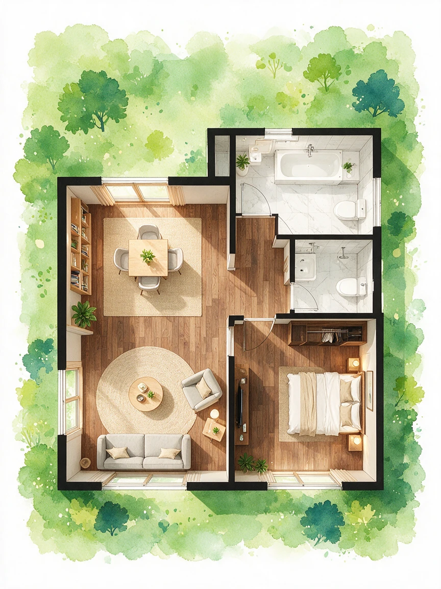 Planta moderna de apartamento de um quarto com interior aconchegante
