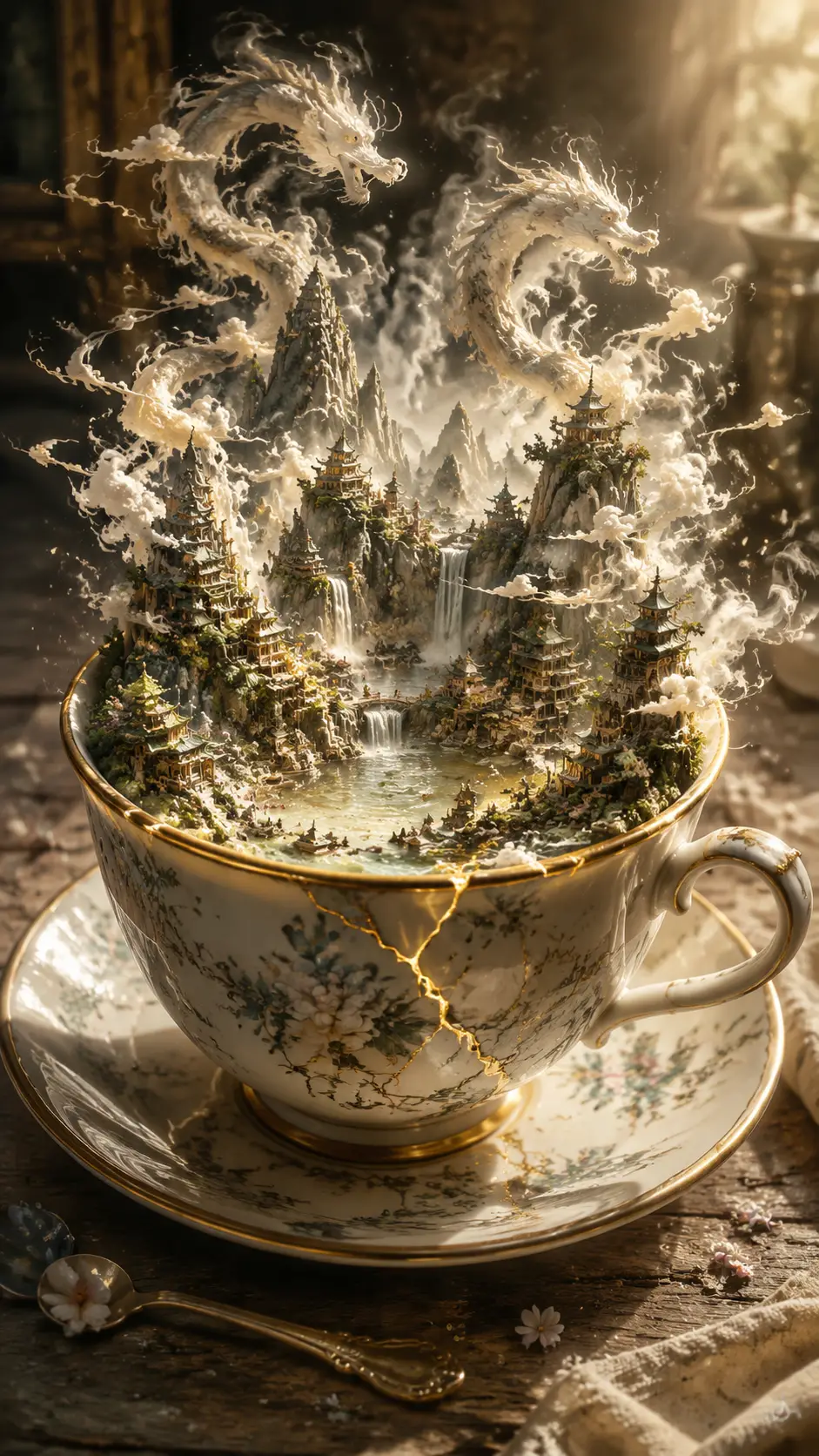 Porcelain Teacup Holding A Miniature Mountain Kingdom