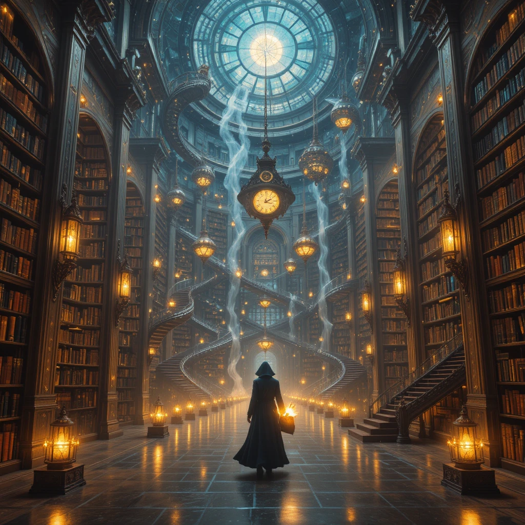 Biblioteca de fantasia infinita com livros brilhantes e escadarias