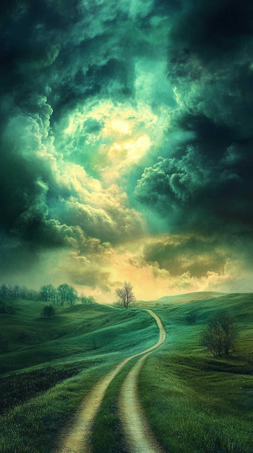 Dirt Road Leading Into Sunlit Stormy Green Hills
