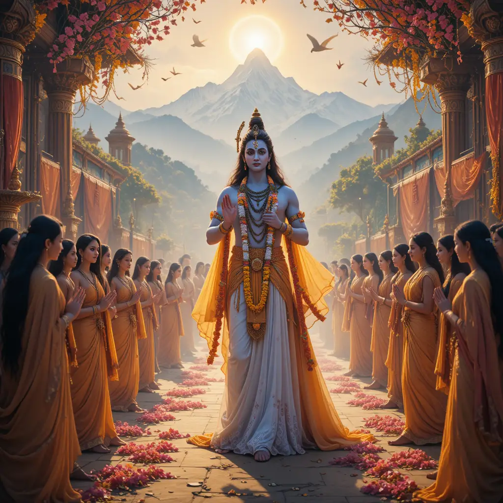 Divine wedding procession of Parvati approaching Lord Shiva