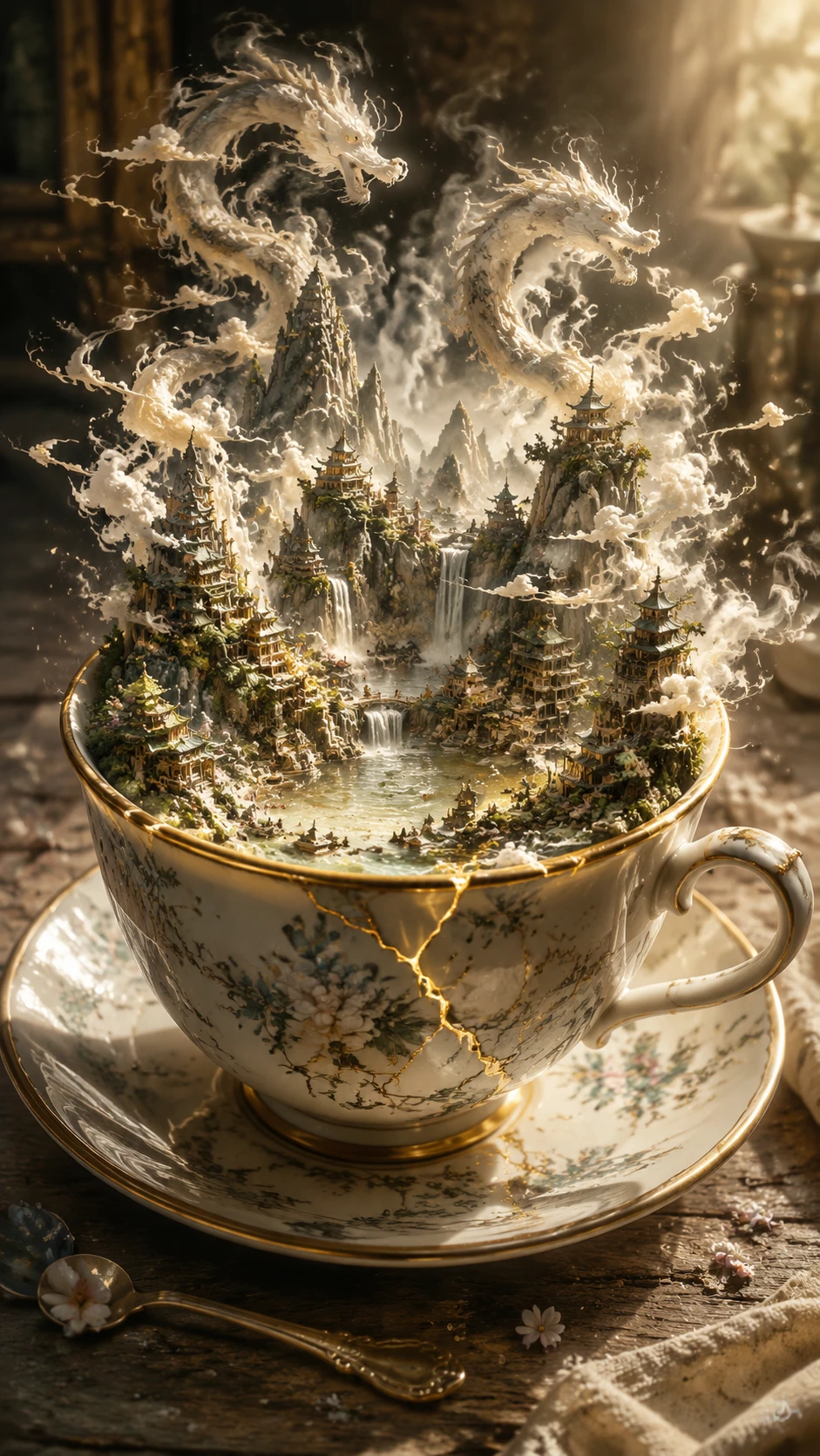 Xícara de porcelana com um minúsculo reino nas montanhas